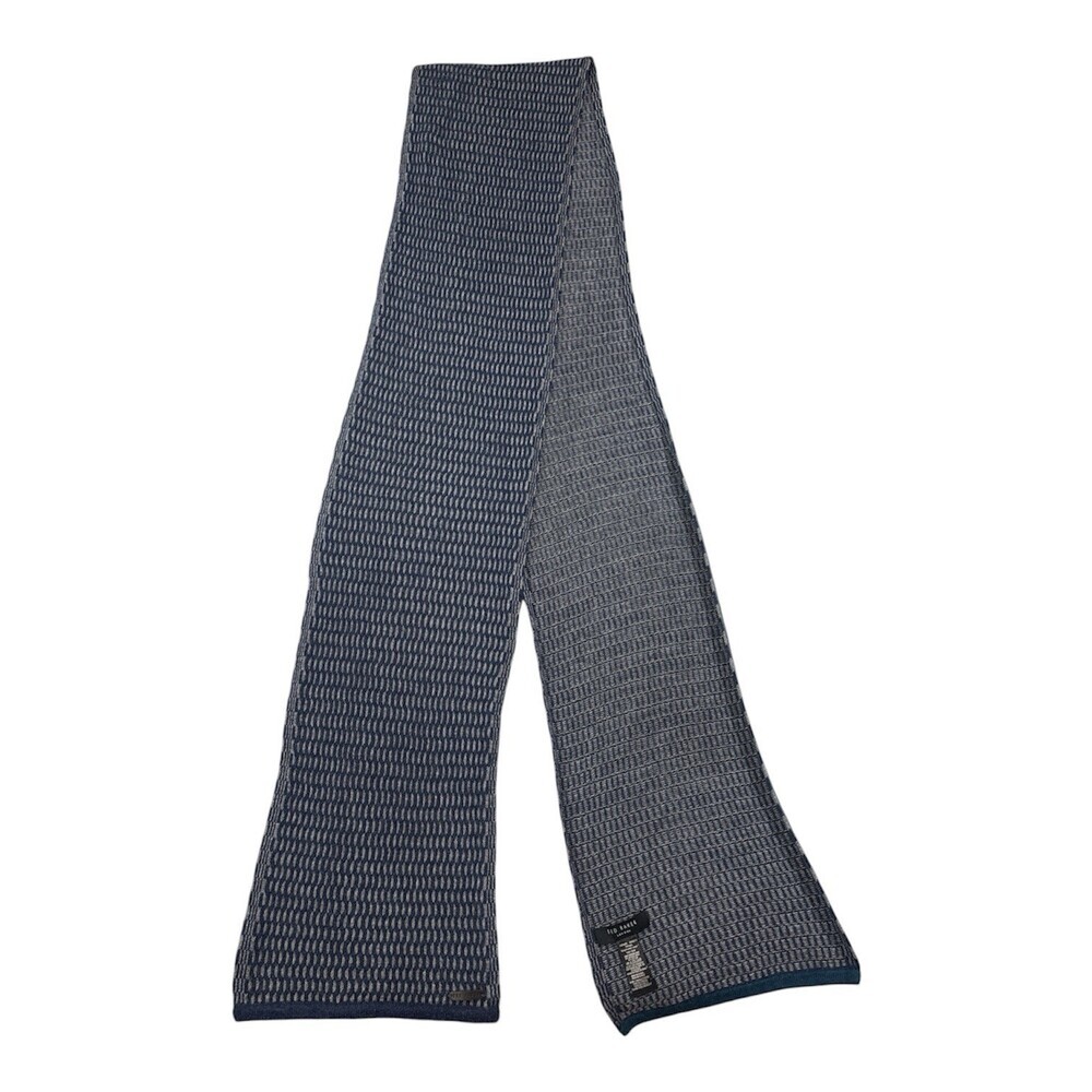 Ted Baker Norley Scarf Two Tone Navy Blue / Gray Made Of Wool & Cotton - Picture 2 of 5